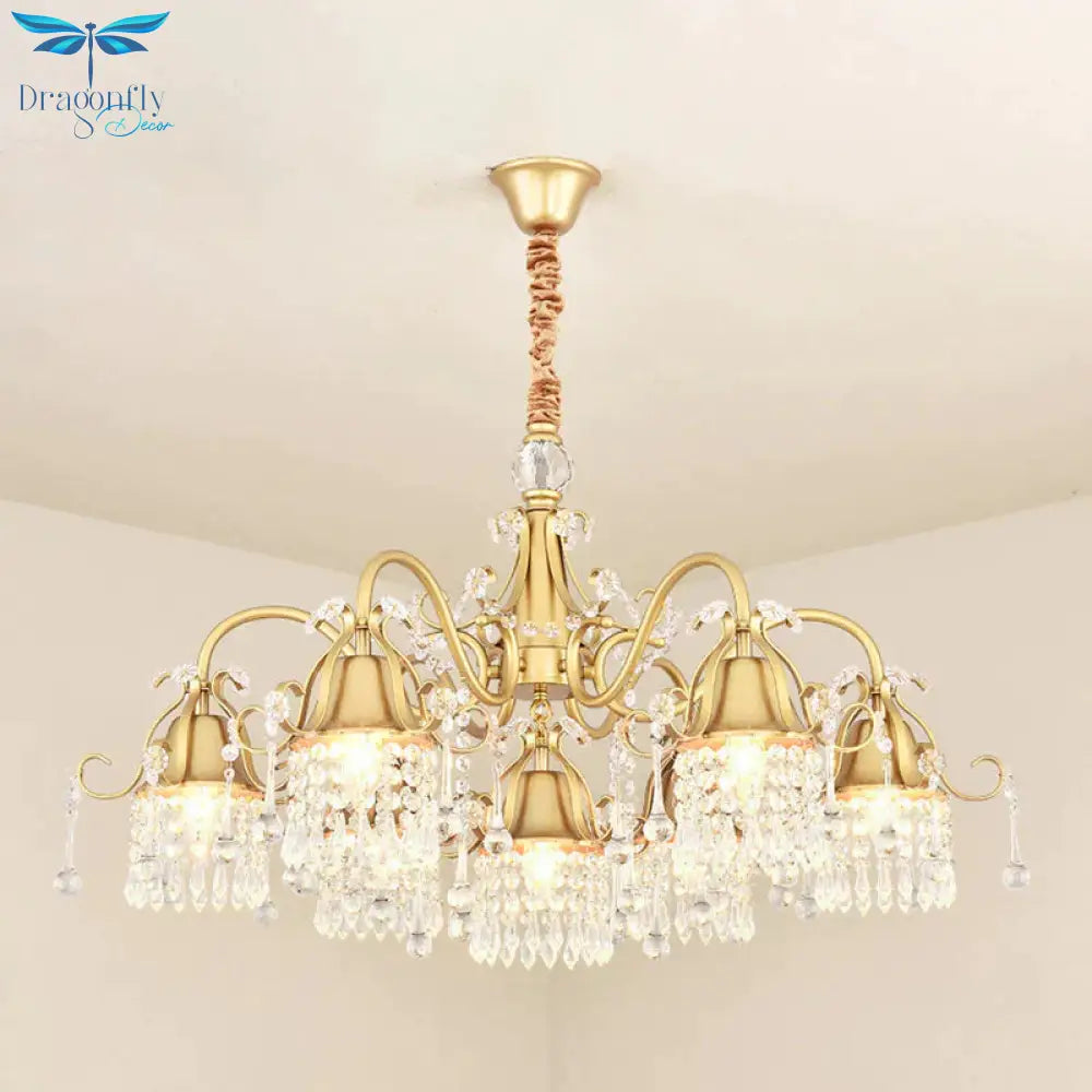 Gold Bell Chandelier Minimalist 7/9 Lights Crystal Beaded Strand Hanging Lamp Kit For Living Room