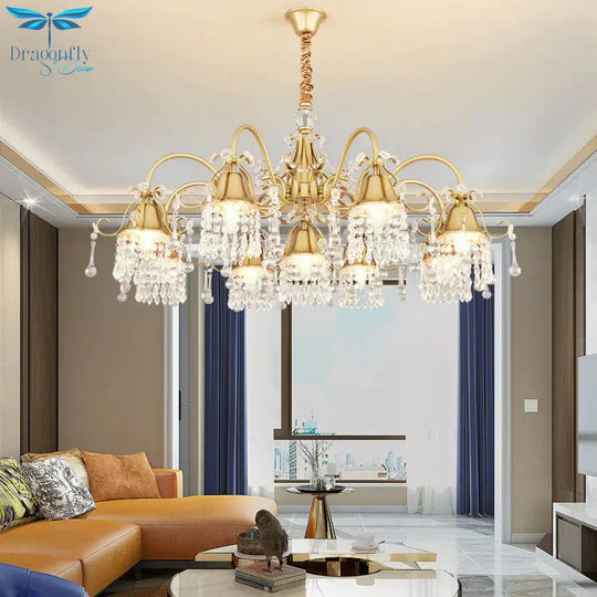 Gold Bell Chandelier Minimalist 7/9 Lights Crystal Beaded Strand Hanging Lamp Kit For Living Room