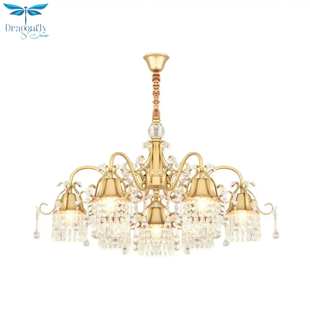 Gold Bell Chandelier Minimalist 7/9 Lights Crystal Beaded Strand Hanging Lamp Kit For Living Room