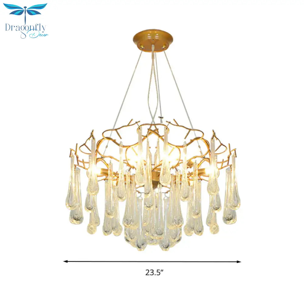 Gold Branch Ceiling Chandelier Postmodern Waterdrop Crystal 5 Heads Dining Room Suspension Lighting