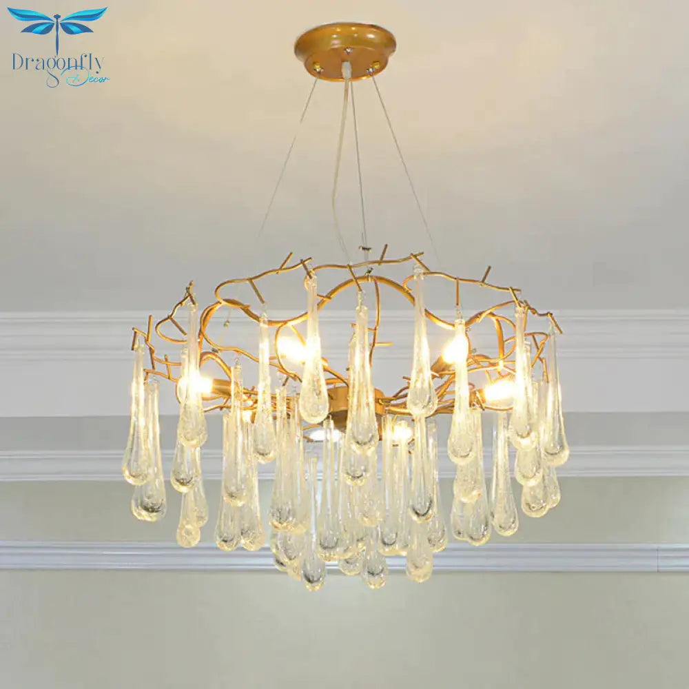 Gold Branch Ceiling Chandelier Postmodern Waterdrop Crystal 5 Heads Dining Room Suspension Lighting