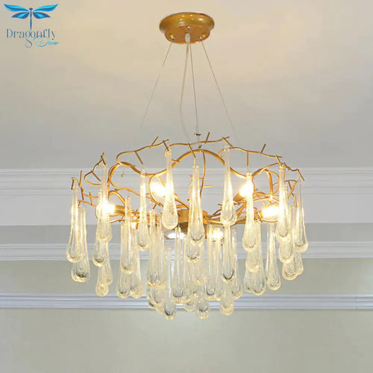 Gold Branch Ceiling Chandelier Postmodern Waterdrop Crystal 5 Heads Dining Room Suspension Lighting