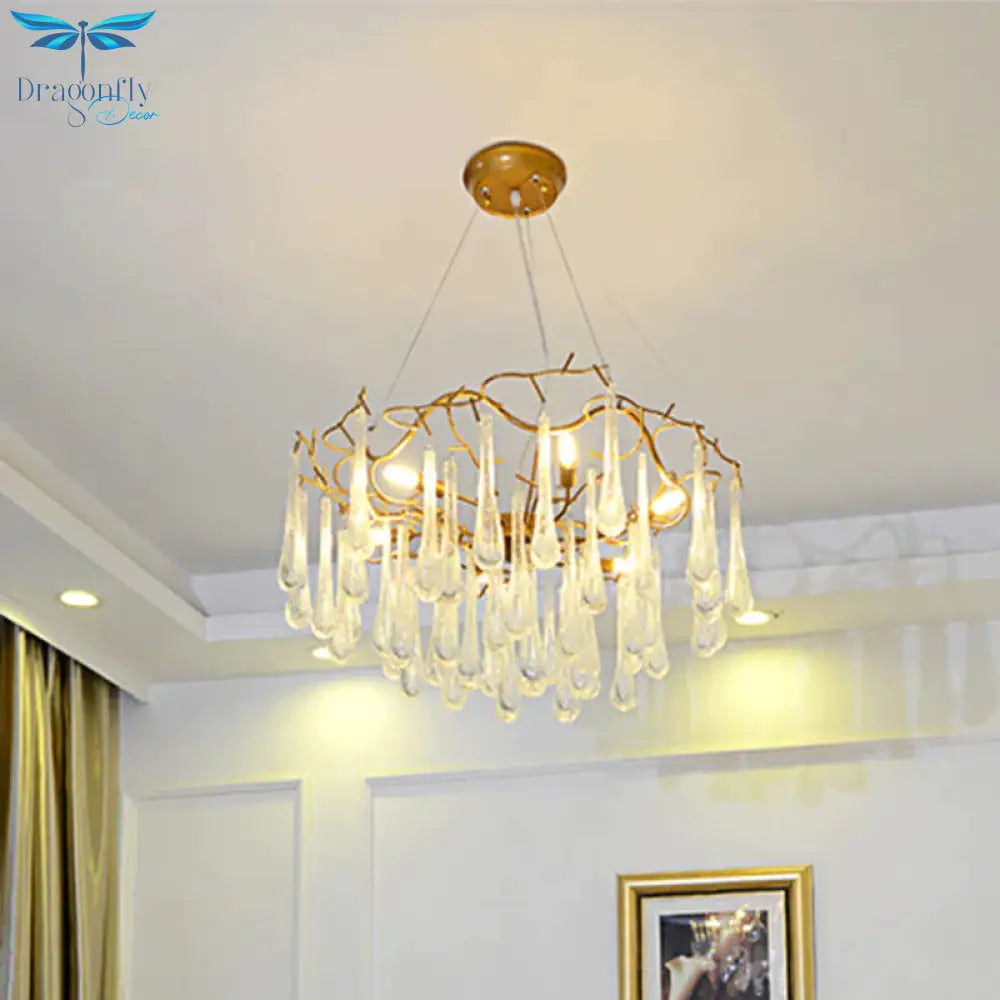 Gold Branch Ceiling Chandelier Postmodern Waterdrop Crystal 5 Heads Dining Room Suspension Lighting
