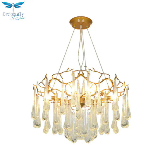 Gold Branch Ceiling Chandelier Postmodern Waterdrop Crystal 5 Heads Dining Room Suspension Lighting