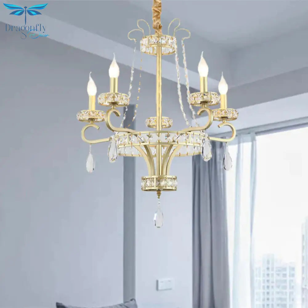 Gold Candle Chandelier Light Fixture Traditional Crystal Drop 5/8 Lights Living Room Hanging Lamp
