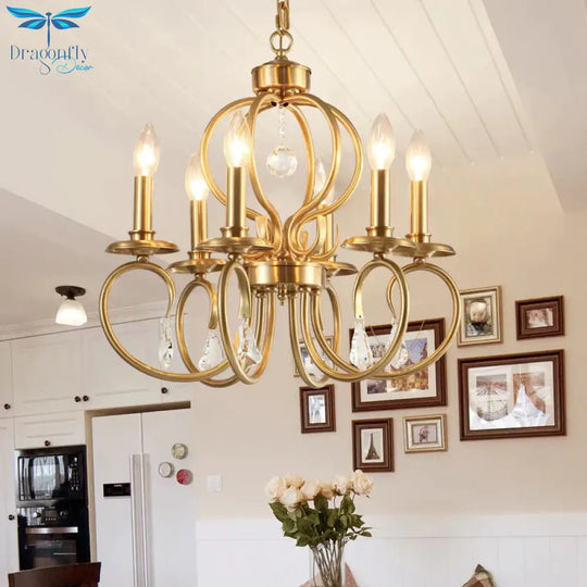 Gold Candle Chandelier Lighting Nordic Metal 6/8 Bulbs Hanging Ceiling Light With Curved Arm
