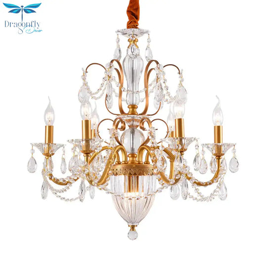 Gold Candlestick Hanging Chandelier Rural Crystal 6/8 Lights Bedroom Suspension Lighting