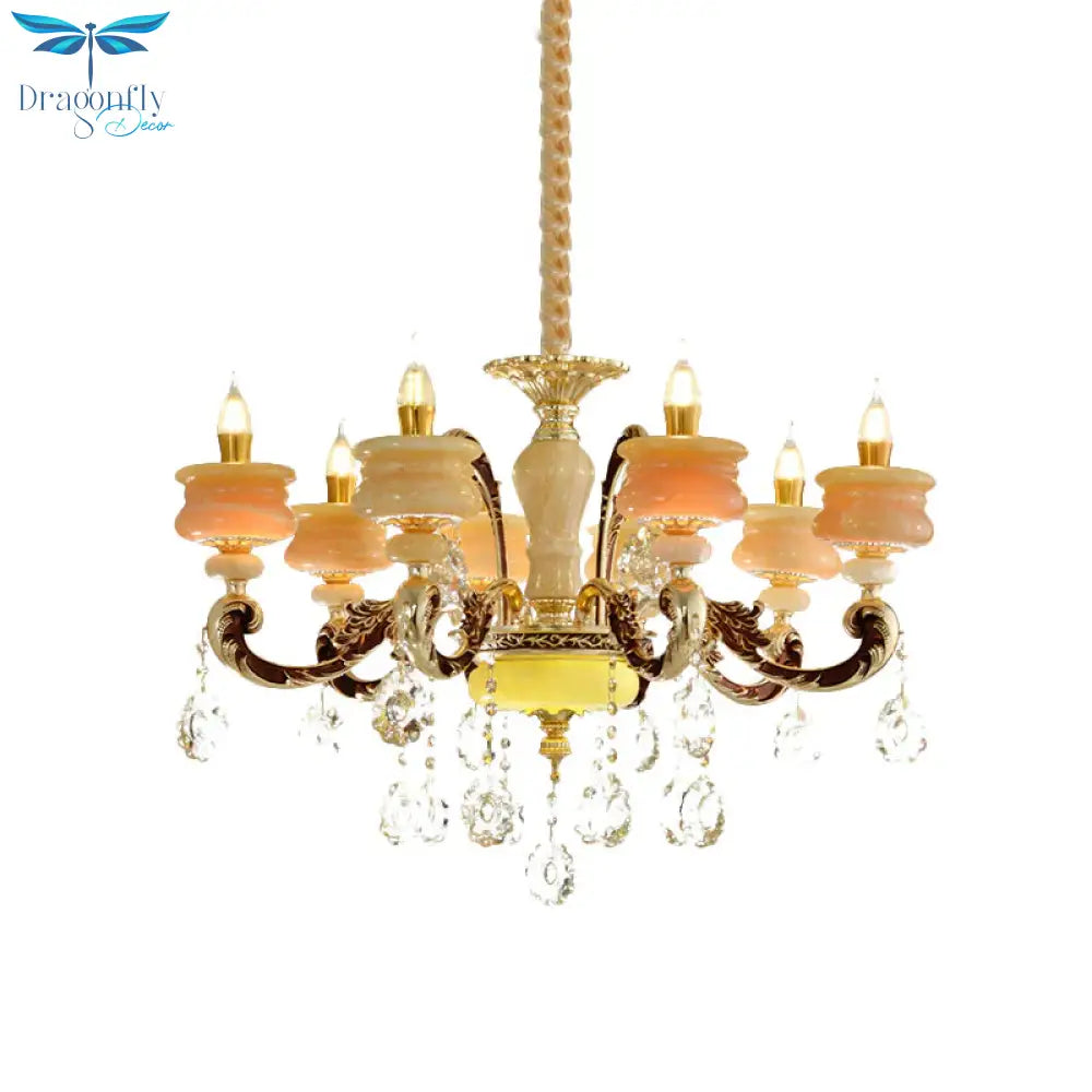Gold Candlestick Hanging Chandelier Vintage Jade 6/8 Bulbs Bedroom Pendant Light With Crystal Drop