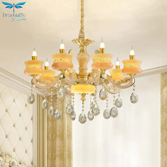 Gold Candlestick Hanging Chandelier Vintage Jade 6/8 Bulbs Bedroom Pendant Light With Crystal Drop