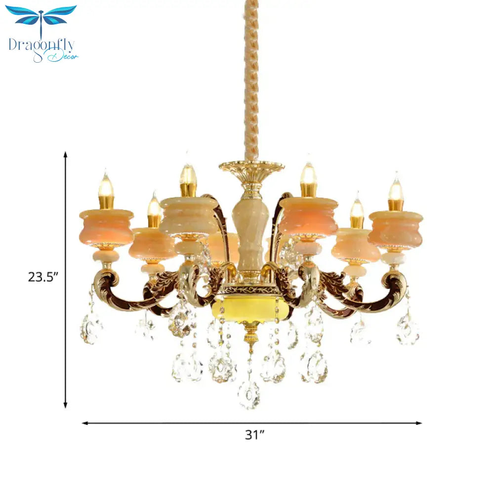 Gold Candlestick Hanging Chandelier Vintage Jade 6/8 Bulbs Bedroom Pendant Light With Crystal Drop