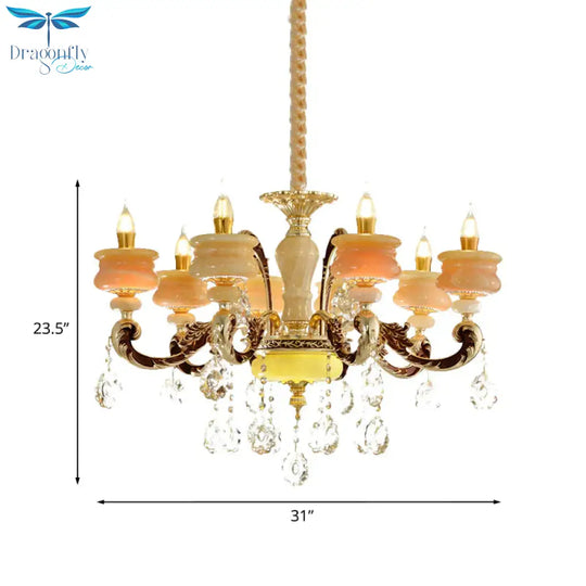 Gold Candlestick Hanging Chandelier Vintage Jade 6/8 Bulbs Bedroom Pendant Light With Crystal Drop