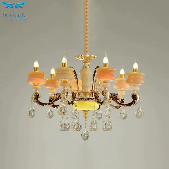 Gold Candlestick Hanging Chandelier Vintage Jade 6/8 Bulbs Bedroom Pendant Light With Crystal Drop