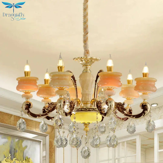 Gold Candlestick Hanging Chandelier Vintage Jade 6/8 Bulbs Bedroom Pendant Light With Crystal Drop