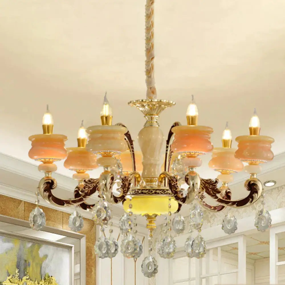 Gold Candlestick Hanging Chandelier Vintage Jade 6/8 Bulbs Bedroom Pendant Light With Crystal Drop
