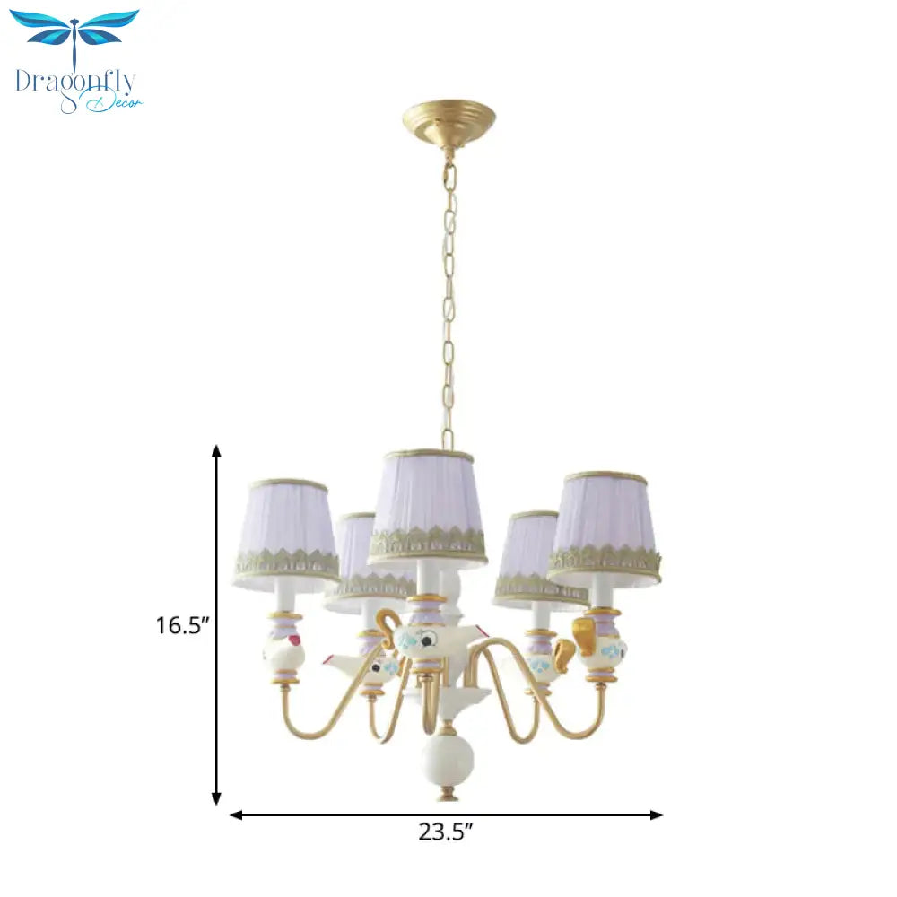 Gold Conical Pendant Lighting Modernism 3/5/6 Lights Fabric Hanging Chandelier With Teapot Decor