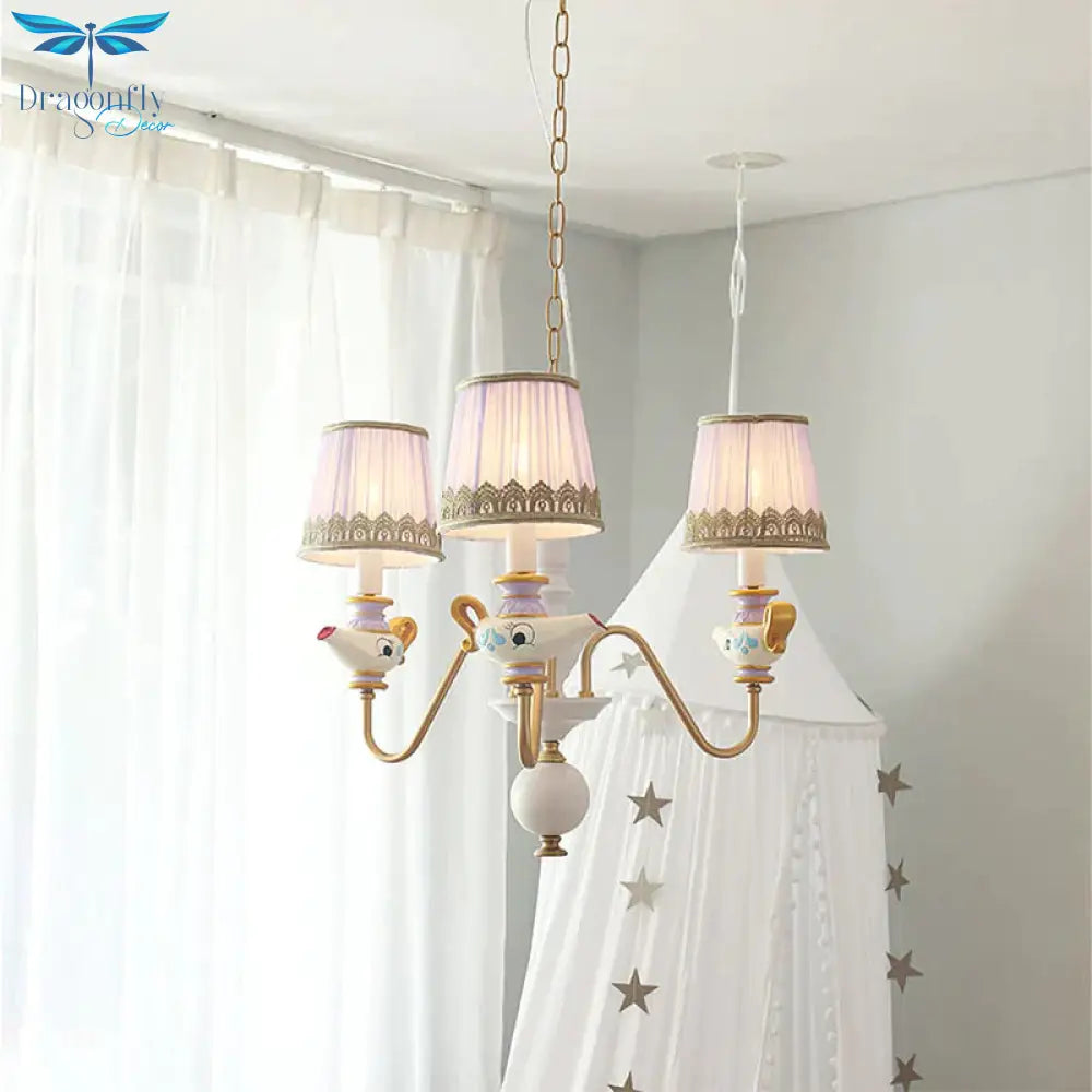 Gold Conical Pendant Lighting Modernism 3/5/6 Lights Fabric Hanging Chandelier With Teapot Decor