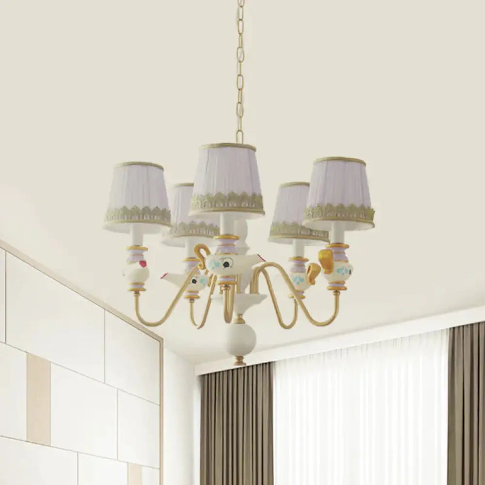 Gold Conical Pendant Lighting Modernism 3/5/6 Lights Fabric Hanging Chandelier With Teapot Decor 5 /