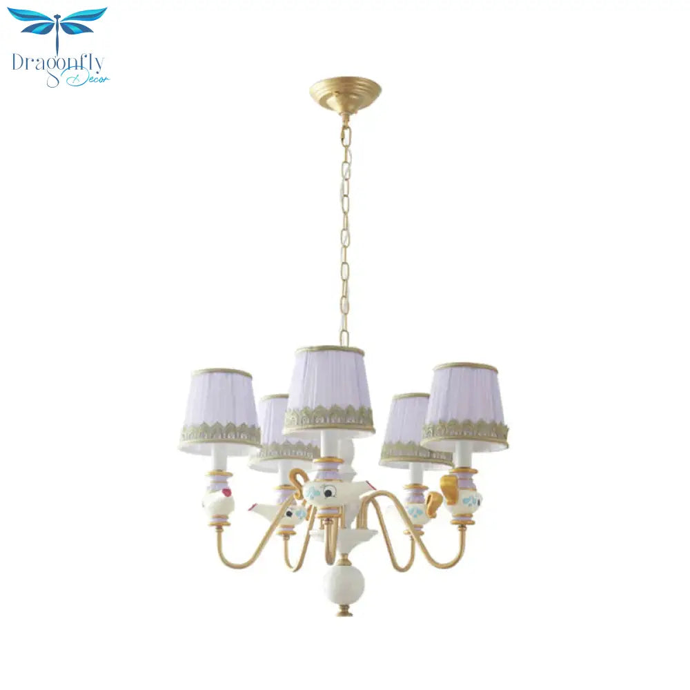 Gold Conical Pendant Lighting Modernism 3/5/6 Lights Fabric Hanging Chandelier With Teapot Decor