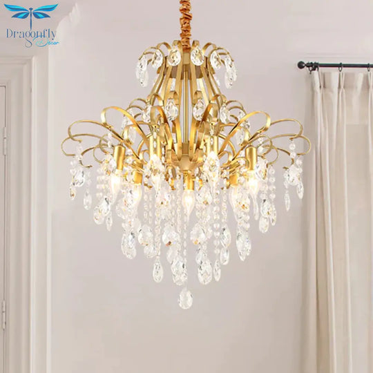 Gold Curved Arm Suspension Light Modern 3/7 Lights Crystal Drip Chandelier Fixture For Living Room