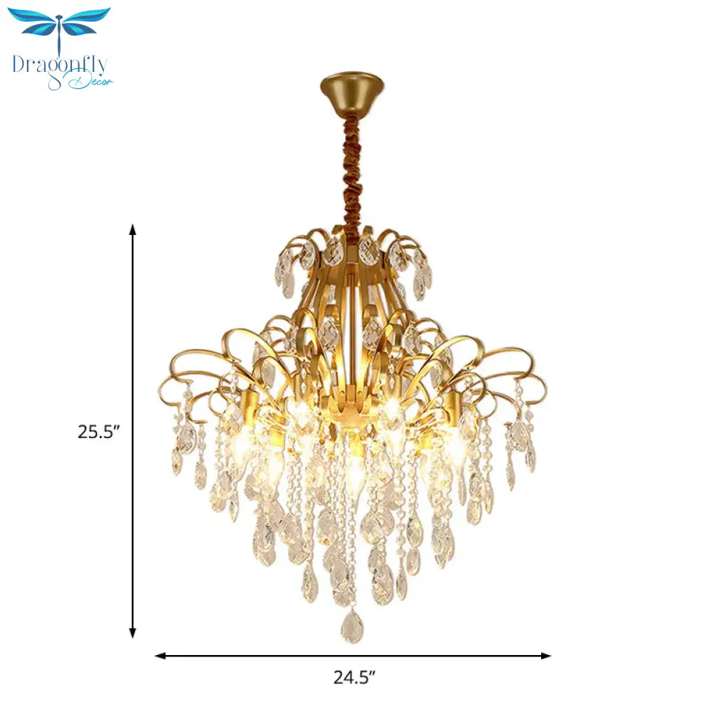 Gold Curved Arm Suspension Light Modern 3/7 Lights Crystal Drip Chandelier Fixture For Living Room