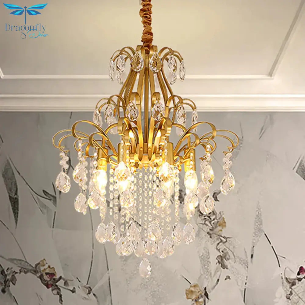 Gold Curved Arm Suspension Light Modern 3/7 Lights Crystal Drip Chandelier Fixture For Living Room