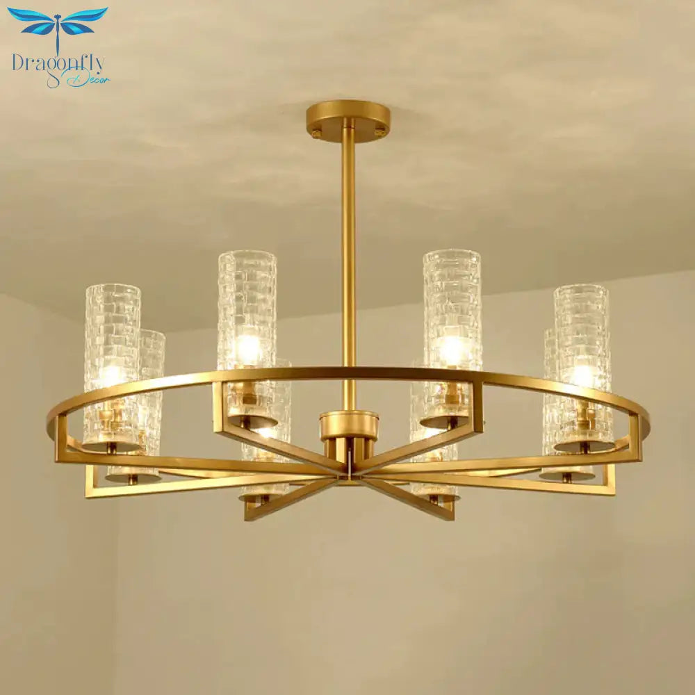 Gold Cylinder Chandelier Lamp Traditional Clear Ribbed Glass 6/8/10 Lights Living Room Hanging