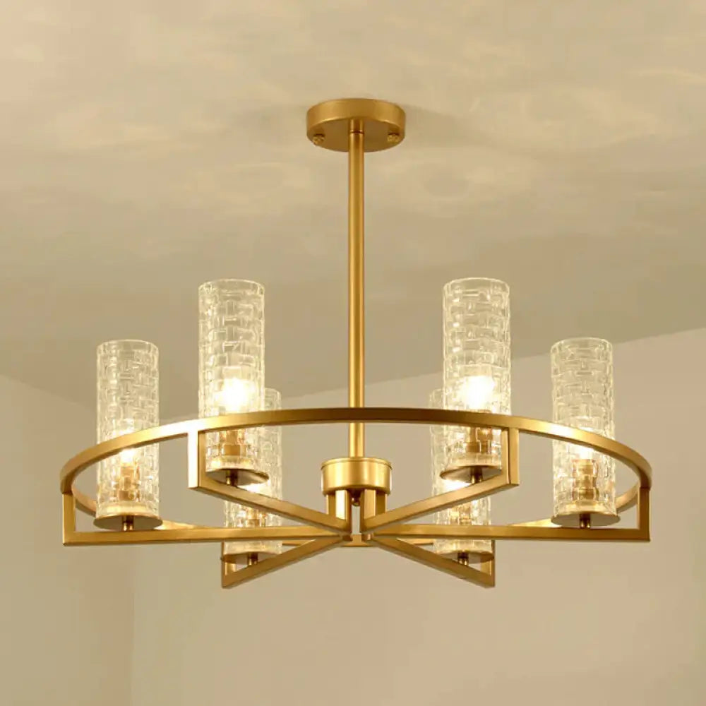 Gold Cylinder Chandelier Lamp Traditional Clear Ribbed Glass 6/8/10 Lights Living Room Hanging