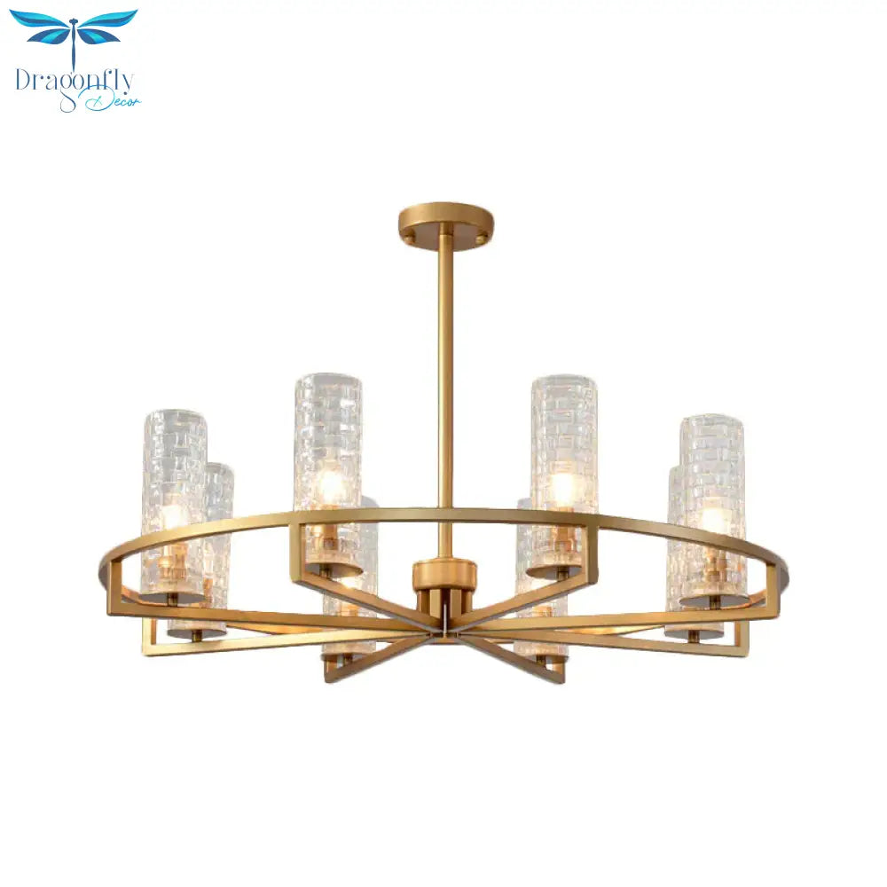 Gold Cylinder Chandelier Lamp Traditional Clear Ribbed Glass 6/8/10 Lights Living Room Hanging