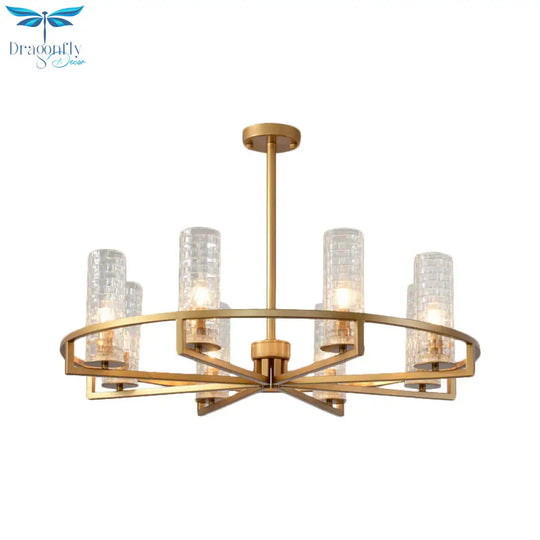 Gold Cylinder Chandelier Lamp Traditional Clear Ribbed Glass 6/8/10 Lights Living Room Hanging