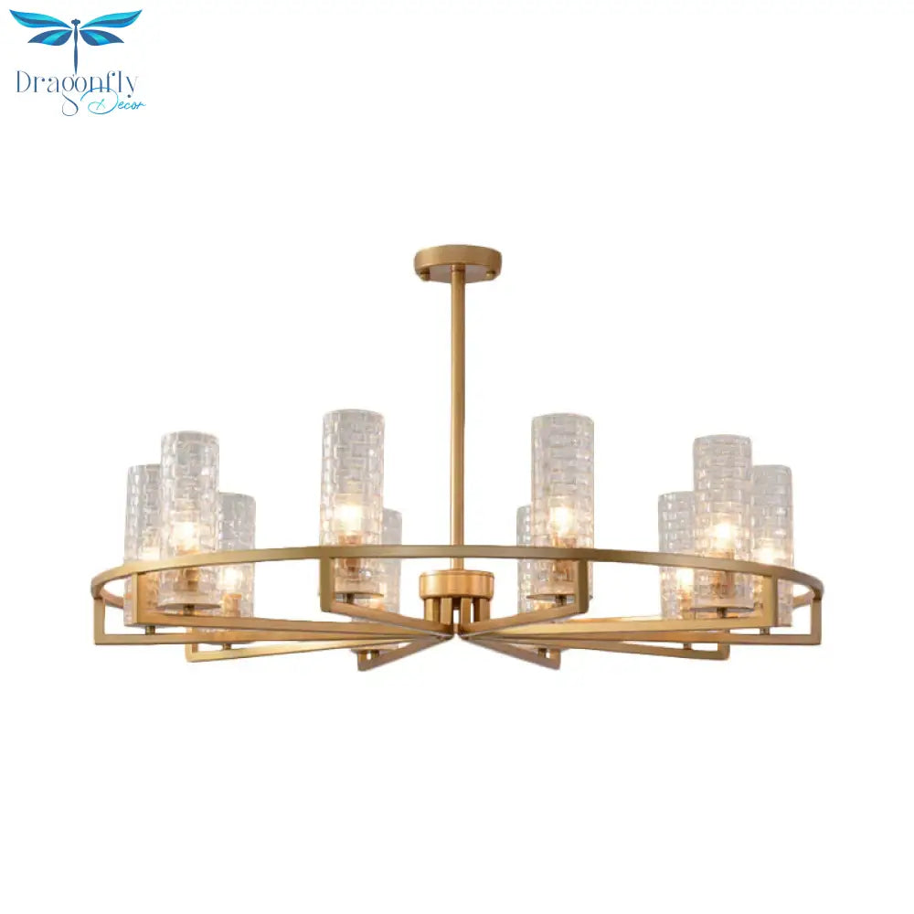 Gold Cylinder Chandelier Lamp Traditional Clear Ribbed Glass 6/8/10 Lights Living Room Hanging