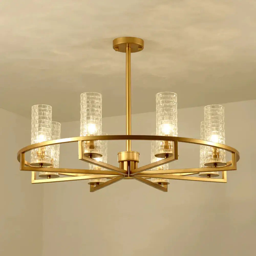 Gold Cylinder Chandelier Lamp Traditional Clear Ribbed Glass 6/8/10 Lights Living Room Hanging