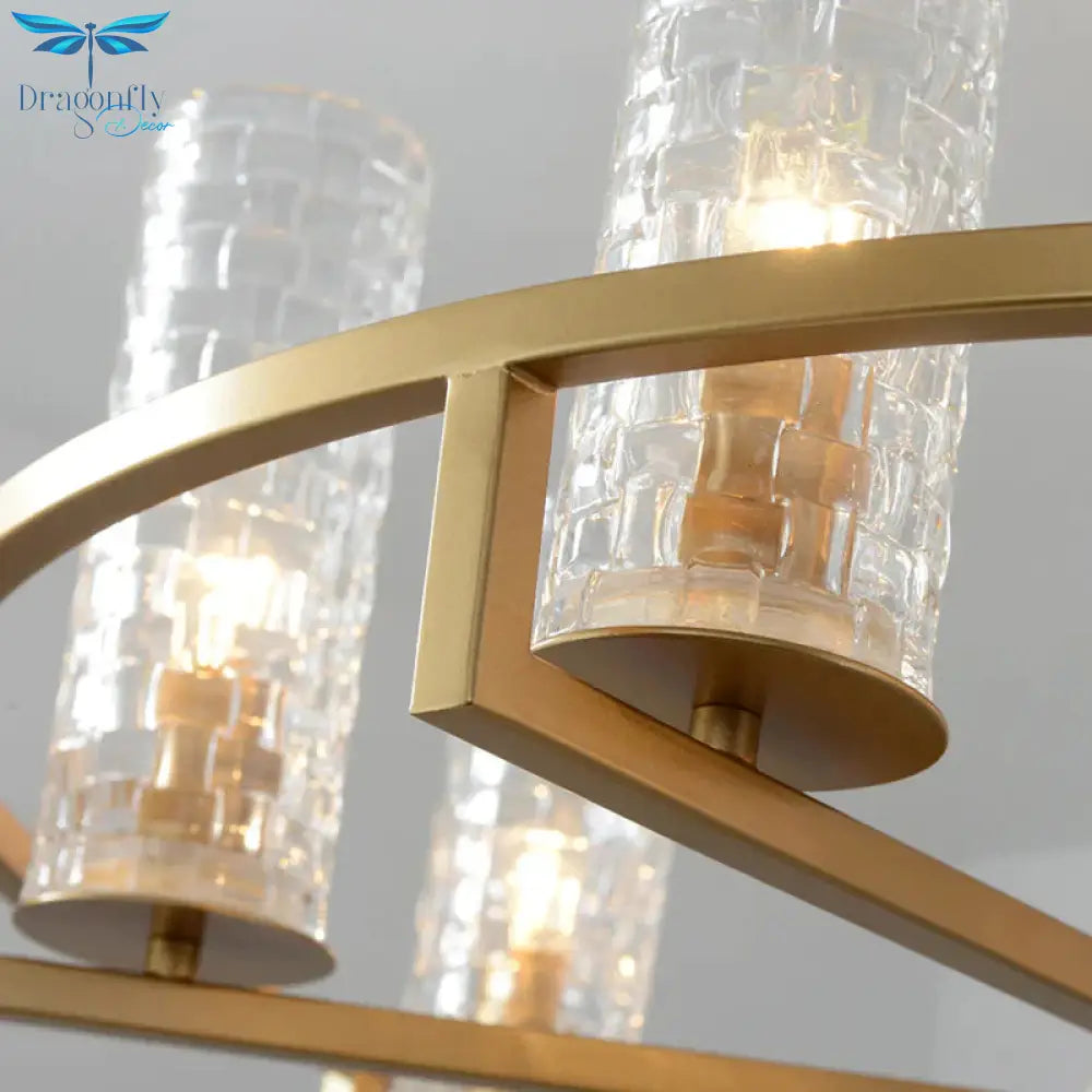 Gold Cylinder Chandelier Lamp Traditional Clear Ribbed Glass 6/8/10 Lights Living Room Hanging
