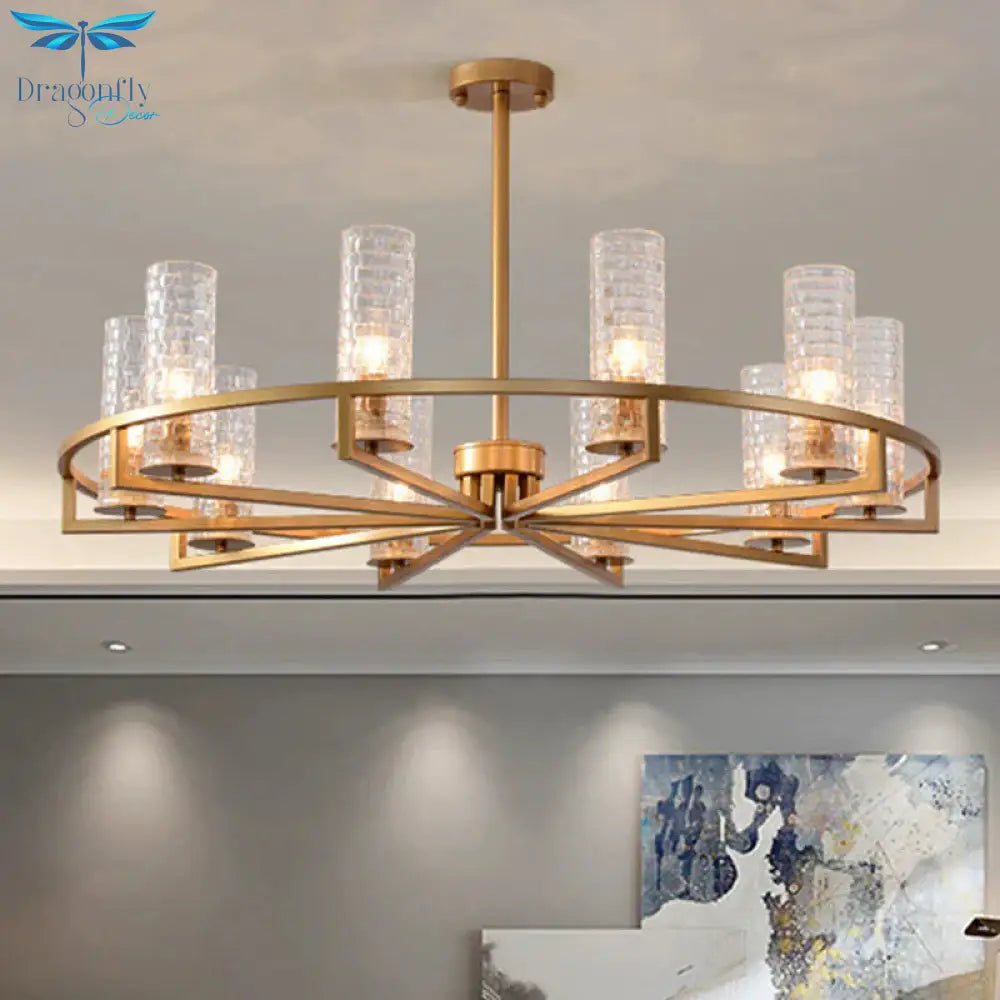 Gold Cylinder Chandelier Lamp Traditional Clear Ribbed Glass 6/8/10 Lights Living Room Hanging
