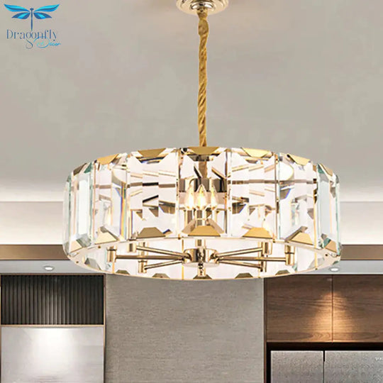 Gold Drum Ceiling Lamp Postmodern Faceted Crystal Panel 6 Heads Living Room Chandelier Lighting