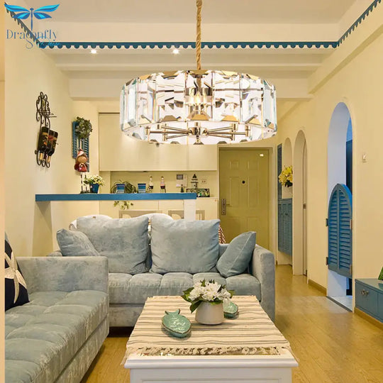 Gold Drum Ceiling Lamp Postmodern Faceted Crystal Panel 6 Heads Living Room Chandelier Lighting
