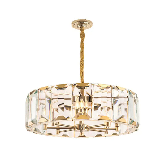 Gold Drum Ceiling Lamp Postmodern Faceted Crystal Panel 6 Heads Living Room Chandelier Lighting