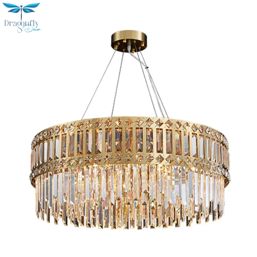Gold Drum Hanging Chandelier Modern Strip Crystal 10 Lights Living Room Pendant Lamp