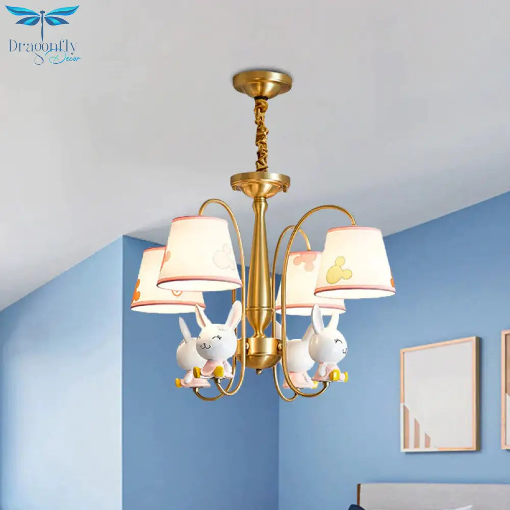 Gold Finish Barrel Shade Chandelier Cartoon 4 Bulbs Fabric Hanging Ceiling Light With Rabbit Deco