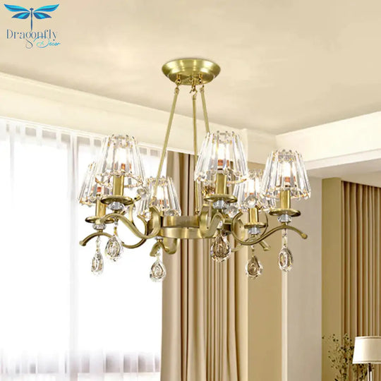 Gold Finish Wheel Chandelier Postmodern Metal 6 - Head Living Room Hanging Lamp With Cone Crystal
