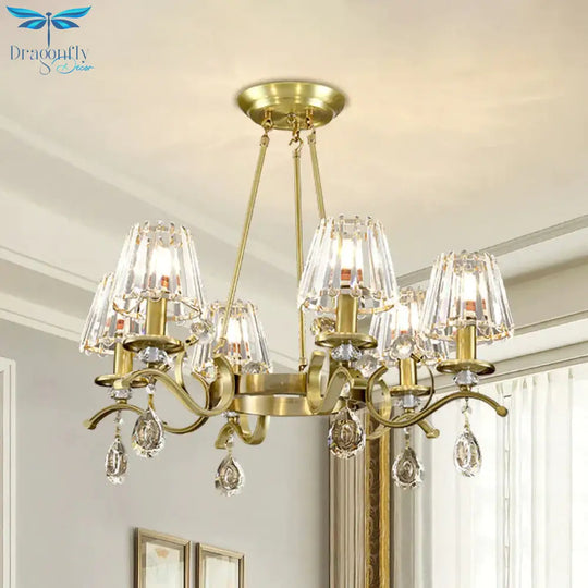 Gold Finish Wheel Chandelier Postmodern Metal 6 - Head Living Room Hanging Lamp With Cone Crystal