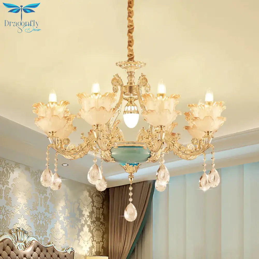 Gold Floral Chandelier Lighting Mid Century Frosted Glass 6/8 Heads Bedroom Pendant With Crystal