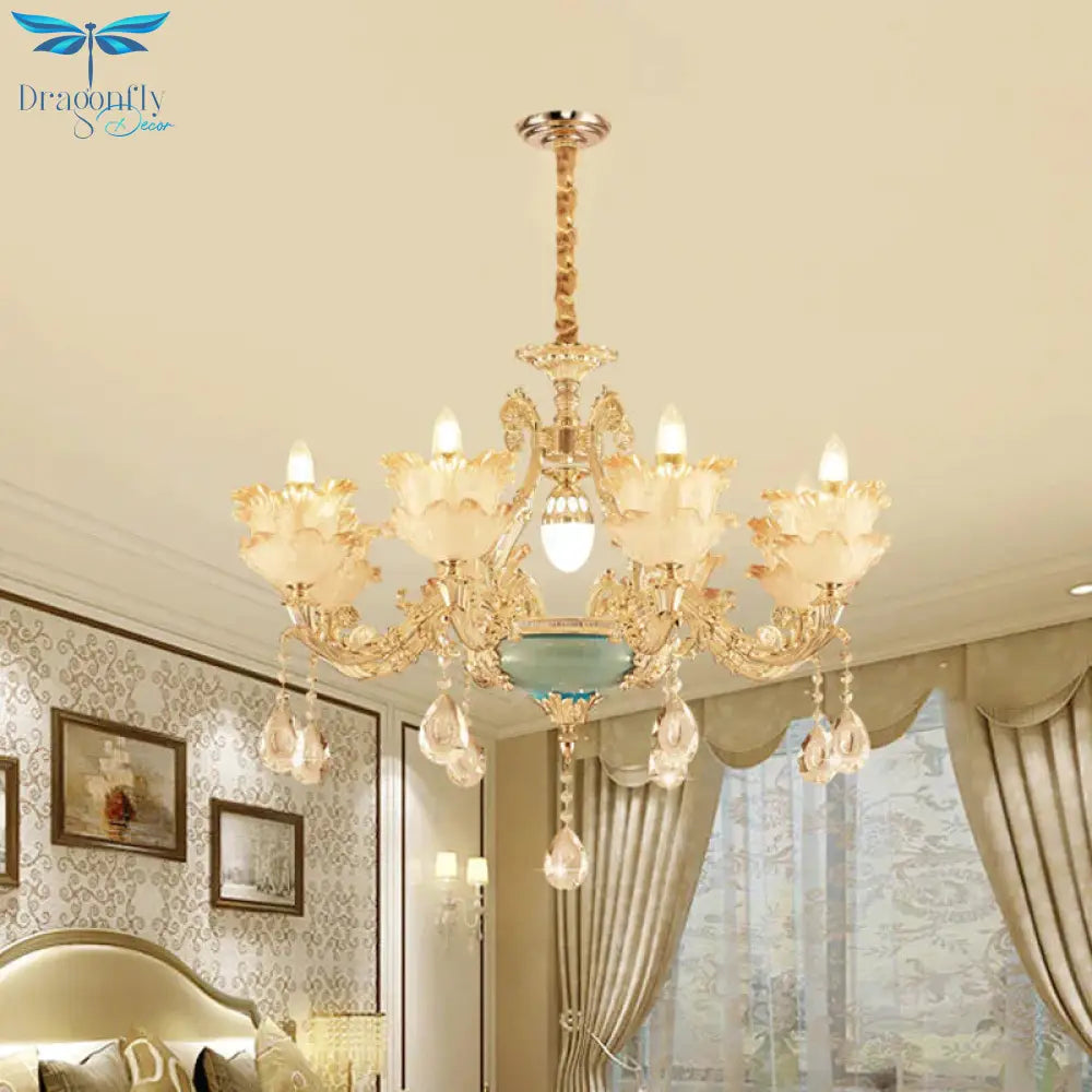 Gold Floral Chandelier Lighting Mid Century Frosted Glass 6/8 Heads Bedroom Pendant With Crystal
