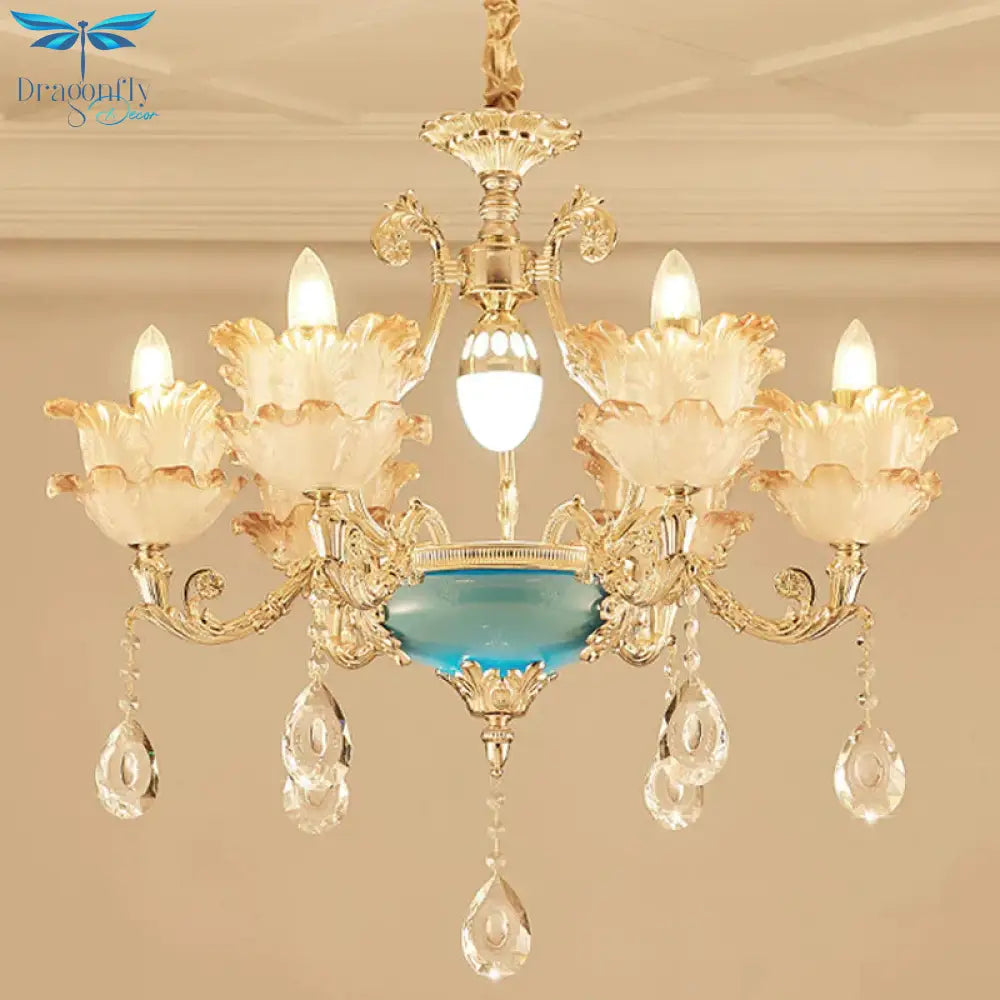 Gold Floral Chandelier Lighting Mid Century Frosted Glass 6/8 Heads Bedroom Pendant With Crystal
