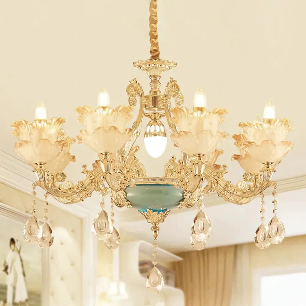 Gold Floral Chandelier Lighting Mid Century Frosted Glass 6/8 Heads Bedroom Pendant With Crystal