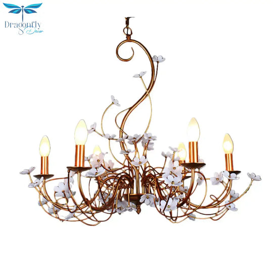 Gold Flower Shaped Chandelier Lamp Country Metal 6 Lights Living Room Hanging Light
