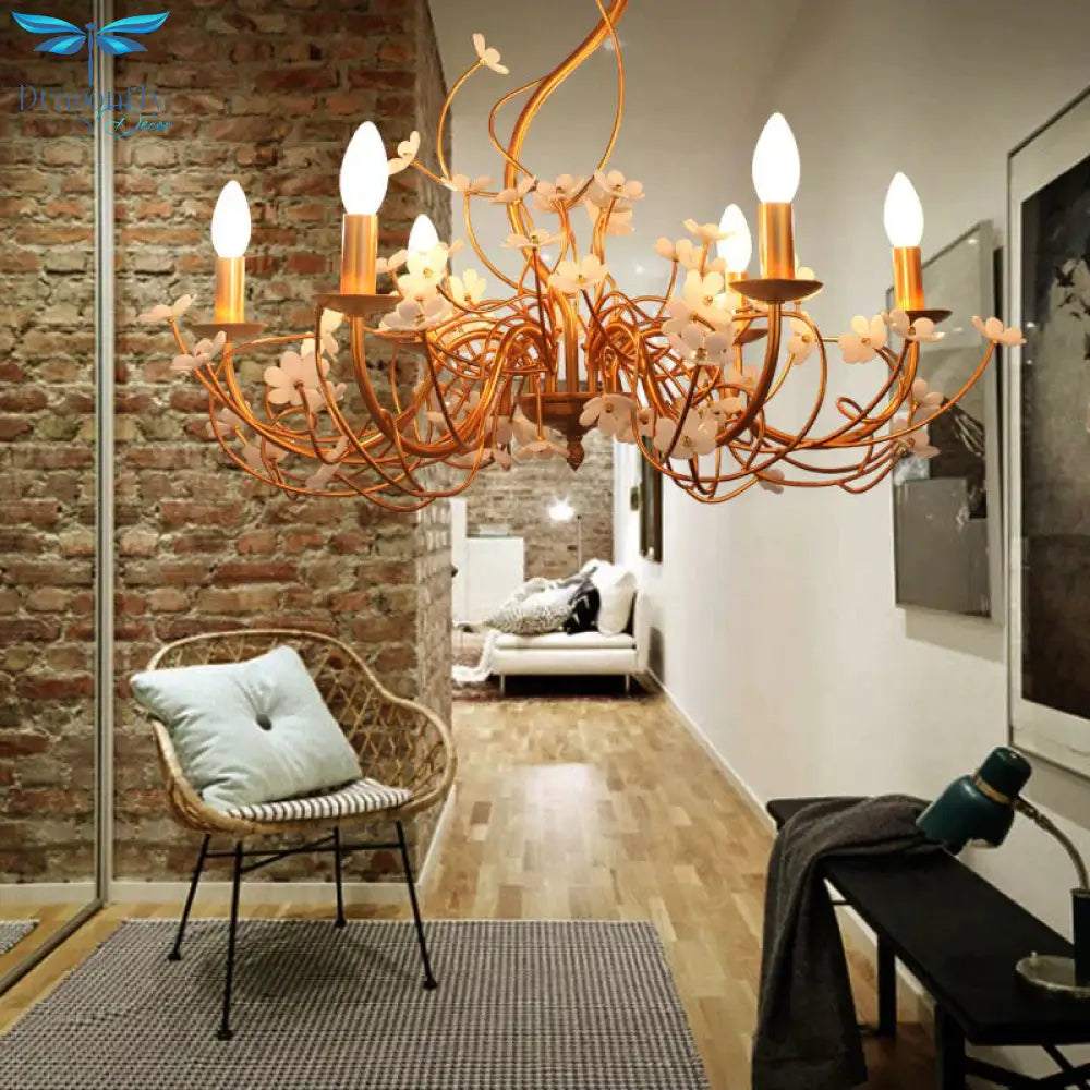 Gold Flower Shaped Chandelier Lamp Country Metal 6 Lights Living Room Hanging Light