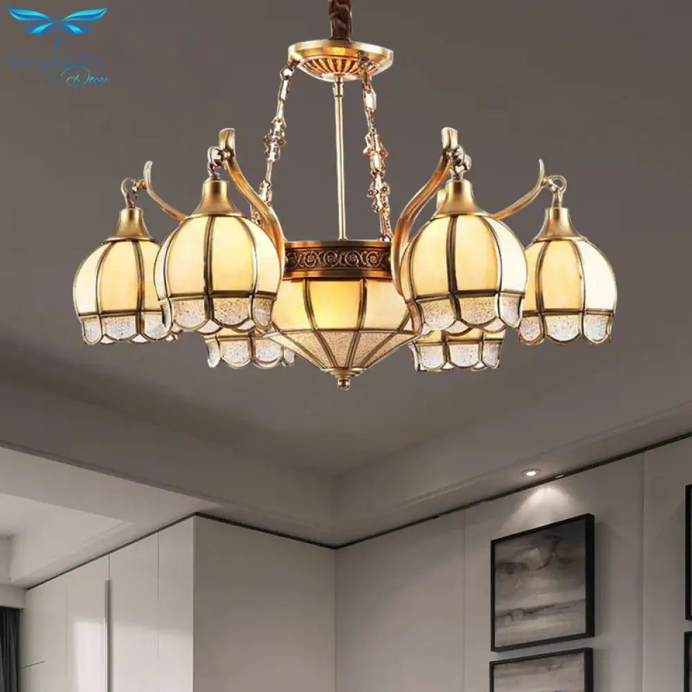 Gold Flower Shaped Chandelier Lighting Colonial Frosted Glass 9 Lights Living Room Hanging Pendant