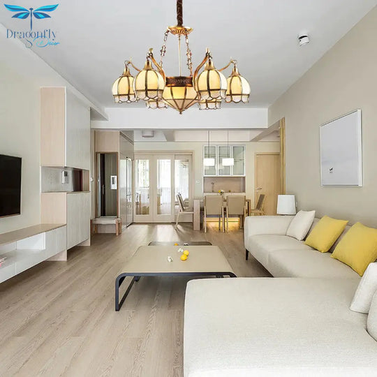 Gold Flower Shaped Chandelier Lighting Colonial Frosted Glass 9 Lights Living Room Hanging Pendant