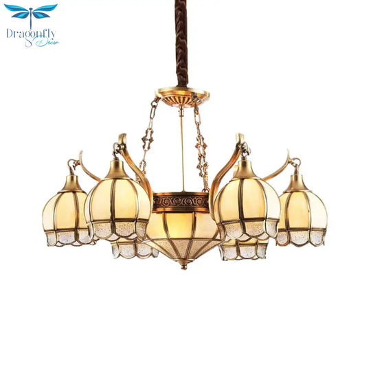 Gold Flower Shaped Chandelier Lighting Colonial Frosted Glass 9 Lights Living Room Hanging Pendant