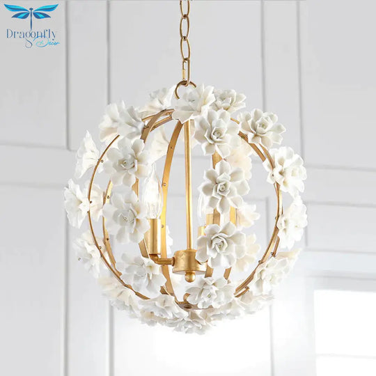 Gold Globe Ceiling Chandelier Modernism Metal 3 Heads Hanging Light Fixture With White Flowers